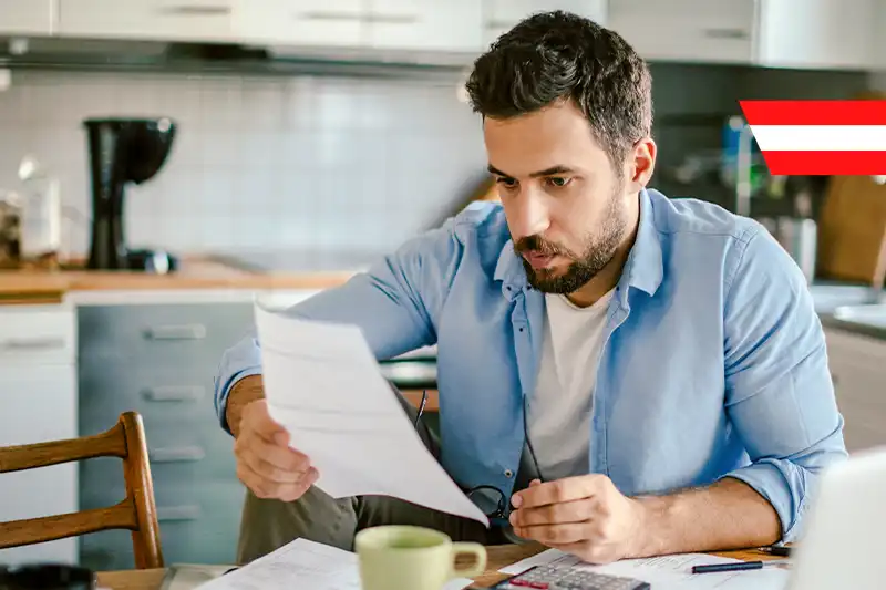 Ein nachdenklicher Mann prüft zu Hause seine Unterlagen zur Zahnzusatz-Versicherung in Österreich – Symbolbild für Kostenvergleich und Versicherungsentscheidung.
